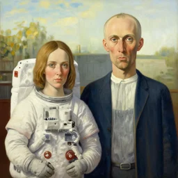 the painting American Gothic, but with astronaut suits