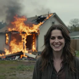 a photo of a house burning down in the background and a woman with an eerie smile in the foreground, strong depth of field
