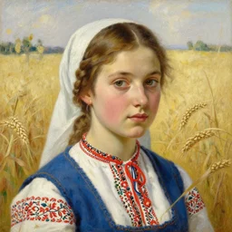 a detailed, intricate oil painting close - up portrait of a ukrainian peasant girl in a field of grain, by william adolphe bougereau