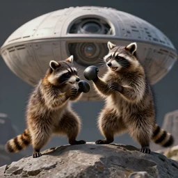 two racoons boxing atop the death star, fantasy, detailed, high quality, artstation