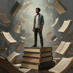 young urban black man standing on a stack of giant books, swirling books and pages, beautiful digital painting, concept art, mysterious and magical, highly detailed, octane render, 8 k, unreal engine. art by artgerm greg rutkowski charlie bowater alphonse mucha