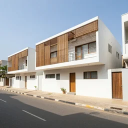 wide angle exterior shot of an modernist town house on a quiet street in lagos, tropical african architecture with sun shading and pergolas, contemporary architecture, cosmopolitan design, architectural magazine feature, architectural photography, canon eos r 3, telephoto lens, sigma 5 0 0 mm f / 5, iso 2 0 0, 1 / 1 6 0 s, 8 k, raw, unedited, in - frame
