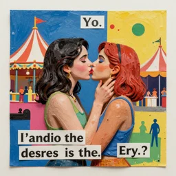 two women kissing at a carnival in a video game, mixed media collage, retro, paper collage, magazine collage, acrylic paint splatters, bauhaus, claymation, layered paper art, sapphic visual poetry expressing the utmost of desires by jackson pollock