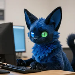 a blue - and - black male catbat fursona with blue / green heterochromatic eyes ( differently colored eyes ) and huge bat ears, photo of the catbat streaming on his computer