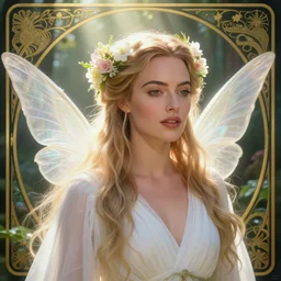 2 8 mm headshot of a beautiful margot robbie ethereal magical young winged fairy princess wearing a white robe and flowers in her hair in a fantasy garden, d & d, fantasy, intricate, rim light, god rays, volumetric lighting, elegant, highly detailed, digital painting, artstation, concept art, smooth, sharp focus, illustration, art by greg rutkowski, maxfield parrish and alphonse mucha, new art nouveau, soft ambient lighting, tarot card