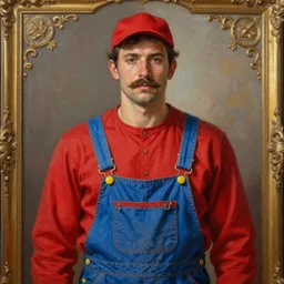 a portrait of a man with a mustache wearing a long - sleeved red shirt, a pair of blue overalls with yellow buttons, and a red cap, oil on canvas, ornate details, unreal engine,