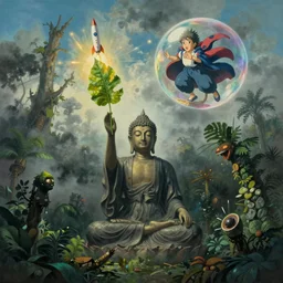 hyperrealist painting of buddha holding a pot leaf rocketing out of a bubble from howl's moving castle ( 2 0 0 4 ) in the sky high above the jungle. moody, misty, depth perception.