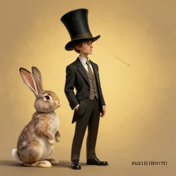 man with high hat and suit next to bunny with high hat looking in a distance, golden ratio, art, award winning, masterpiece trending on artstation 8 k 1 5 0 mpx