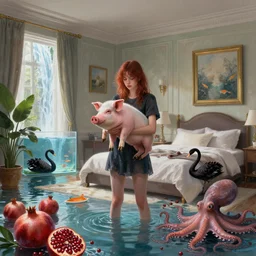 tall emo girl holding a pig in her flooded bedroom, pomegranates, octopus, houseplants, luxury apartment bedroom interior design, art on the walls, fish, zen, waterfall, black swans, canoe, berries, surrealist, digital painting, artstation