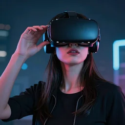 female wearing virtual reality headset cyberpunk photorealistic