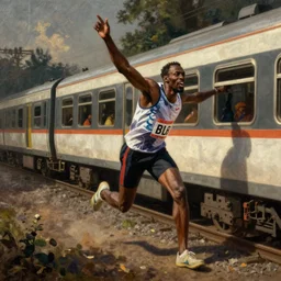 a painting of usain bolt trying to catch a train in the style of rembrandt