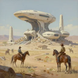 a matte painting of the sci - fi wild west, oil painting, pale colors, high detail, 8 k, wide angle, trending on artstation,