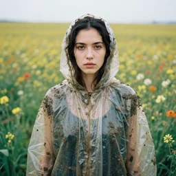 a closeup portrait of a woman wearing a cloak made of plastic an mud, in an infinite landscape of flowers, photograph by vincent desiderio, canon eos c 3 0 0, ƒ 1. 8, 3 5 mm, 8 k, medium - format print