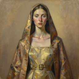 portrait in daring femininity, ethnic, realistic face sculpted features, thin and statuesque model, priestess outfit with layered bodice, brocade jacket with buckles, warm glow, bathed in light, chiaroscuro, specular highlights, angular impressionism, patina, natural color scheme, earthy tones, modern fashion, contemporary art, oil on canvas