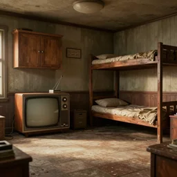artstation scifi scene of a shabby american room in 1 9 7 0 s, shabby room, old tv, tile floor, cabinets, cot, paneled walls, unreal engine 5, hyper realism, realistic shading, cinematic composition, blender render, octane render, hdr, detailed textures, photorealistic, wide shot