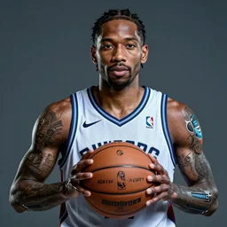a portrait of kawhi leonard holding a basketball by conrad roset, hyperdetailed, cyberpunk, cool, cybernetically enhanced, trending on artstation