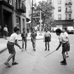 kids playing stick ball on new york city street in 1 9 3 0 s, photorealistic, photograph, diane arbus,