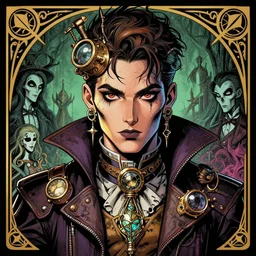 a detailed portrait illustration of a steampunk spellcaster - necromancer. beautiful intersex transgender face. gay. art nouveau, pop art, comic book style. influenced by neil gaiman, h. p. lovecraft, dan mumford, the dark crystal, tim burton, killian eng, ross tran.