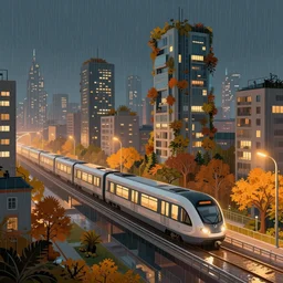 beautiful city in autumn with futuristic trains, metro, technology, utopia, houses, skyscraper overgrown with trees and plants. raining at night with light pole illuminate the patch, nice color scheme, warm colour. beautiful artistic digital artwork by artist lurid. ( 2 0 2 2 ), gediminas pranckevicius
