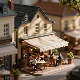 tilt shift photography, extreme dof, a miniature european cafe