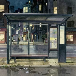 dark city bus stop, ghibli style in wet on wet watercolor, very detailed,ArtStation