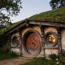 low angle side facing view of hobbiton architecture with rounded windows and wooden doors, textured carved wood material, photorealistic, highly detailed, evening, unreal engine 5
