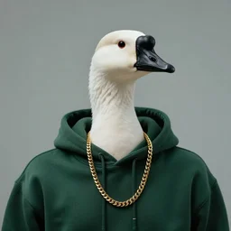 a goose in a dark, green hoodie wearing a gold chain, portrait