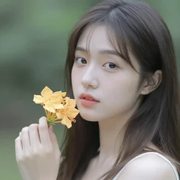 pale japanese girl holding brugmansia flower, realistic, beautiful, soft focus, colour