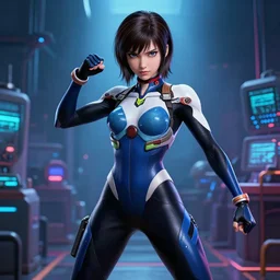 young female character in a plugsuit inspired by ling xiaoiy from tekken and alita, digital art made by makoto shinkai and wlop, anatomically correct, extremely coherent, battle pose, hd, symmetrical, perfect composition, synth laboratory background