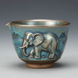 raku elephant tea cup, horse hair, raku metallic, turquoise