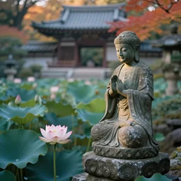 japanese garden, lotus, temple, statue, p, smoky autumn lightings, smoky atmosphere, japanese garden background, micro details, annie leibovitz and moebius and man ray