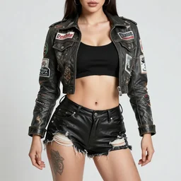 sasha rose as a tattooed armored wanderer pinup, wearing scratched and ripped leather shorts and a short jacket full of stamps and stitches, character sheet, fine details, concept design, contrast, kim jung gi, greg rutkowski, trending on artstation, 8 k, full body, front view, ultra wide angle