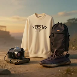 A photoshoot of a Yeezy x Golf Le Fleur collaborative clothing brand, vintage camera, dreamy, atmospheric, golden hour, cinematic lighting, 8K concept art