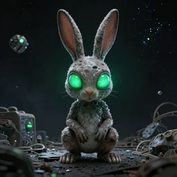 alien rabbit in the space by HR giger, octane render, ambient light, very wide green glowing eyes