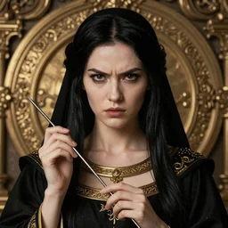 portrait of a beautiful female cleric with long black hair and a angry face. And carry a long needle in his hands. Epic fantasy. beautiful. hyperrealism symetric face cinematic top lighting, insanely detailed and intricate, face by wlop, Charlie Bowater, golden ratio, symmetric, elegant, ornate, luxury, elite, matte painting, cinematic, trending on artstation, deviantart and cgsociety, 8k, high resolution