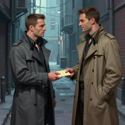 two men in trenchcoats meeting in an alleyway, handing over an envelope, detailed cyberpunk illustration by thomas kinkade, medium shot