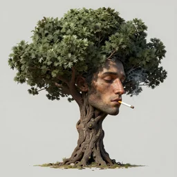 matte painting of a tree with a human face, smoking a cigarette, high detail, fantasy illustration by angus mcbride