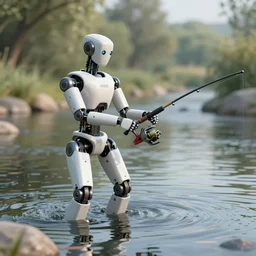 hyper - realistic rendering of a robot fishing in the river, realism, volumtric lighting, artstation, octane 3 d, vray render, 4 k