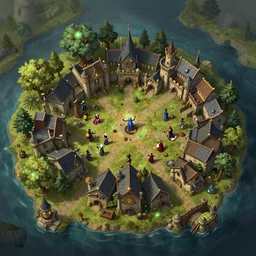 aerial view of medieval village on island, clash of clans leageue of legends style digital painting bioluminance alena aenami artworks in 4 k design by lois van baarle by sung choi by john kirby artgerm style pascal blanche and magali villeneuve mage fighter assassin