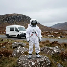 tourist astronaut standing in the Isle of Harris, Scotland, a campervan in the background, rocks, hills, remote, 35 mm lens, photorealistic