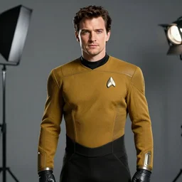 medium shot, studio photographic portrait of henry cavill wearing futuristic starfleet uniform, studio lighting, photorealistic, concept art, 8k