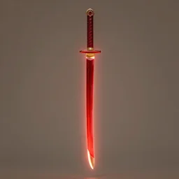 a vertical!! red glowing katana!! with an ornate handle floating in the air on display, artstation, alphonse mucha