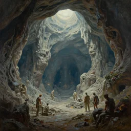 cinematic view of deep retro scifi cave, futuristic, desaturated, psychedelic, tim hildebrandt, wayne barlowe, bruce pennington, donato giancola, larry elmore, oil on canvas, masterpiece, trending on artstation, featured on pixiv, cinematic composition, dramatic, beautiful lighting, sharp, details, hyper - detailed, hd, hdr, 4 k, 8 k