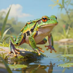photorealistic painting of a giant rainbow frog jumping across a pond on a sunny day, dream filter, award winning art, trending on artstation, 4 k, 8 k