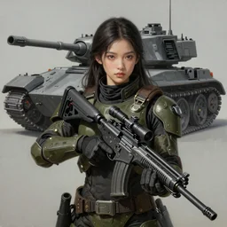a photorealistic painting of an attractive young girl, clothed in stealth-like battle armor, a giant sci-fi sniper rifle, olive skin, long dark hair, beautiful bone structure, symmetrical face, perfect eyes, a futuristic hover-tank in the background, intricate details, elegant, digital painting, illustration, sharp focus, minimal artifacts, from Metal Gear, in the style of Ruan Jia and Mandy Jurgens and Greg Rutkowski, trending on Artstation, award winning, unreal engine, octane render