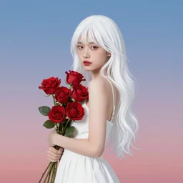 girl with white hair in a white dress, red flowers, aesthetics, gradient