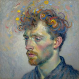 ultra realistic impressionist painting of a man with swirls of color emanating from his head