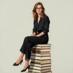 a woman with light brown hair and glasses sitting on top of a tall pile of books. well composed, clean elegant painting, beautiful detailed face. comic book art by steve ditko and jack kirby and arthur rackham