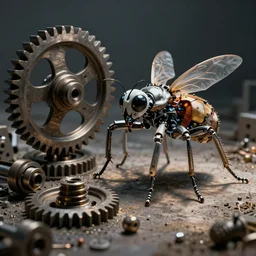 knolling cogs and machine parts and a robotic insect dissected