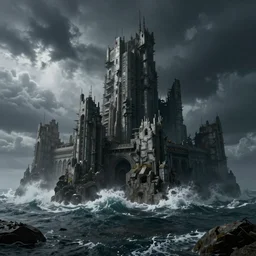 brutalist fortress in the ocean, storm, highly realistic, octane render, ominous vibe, highly detailed, dark